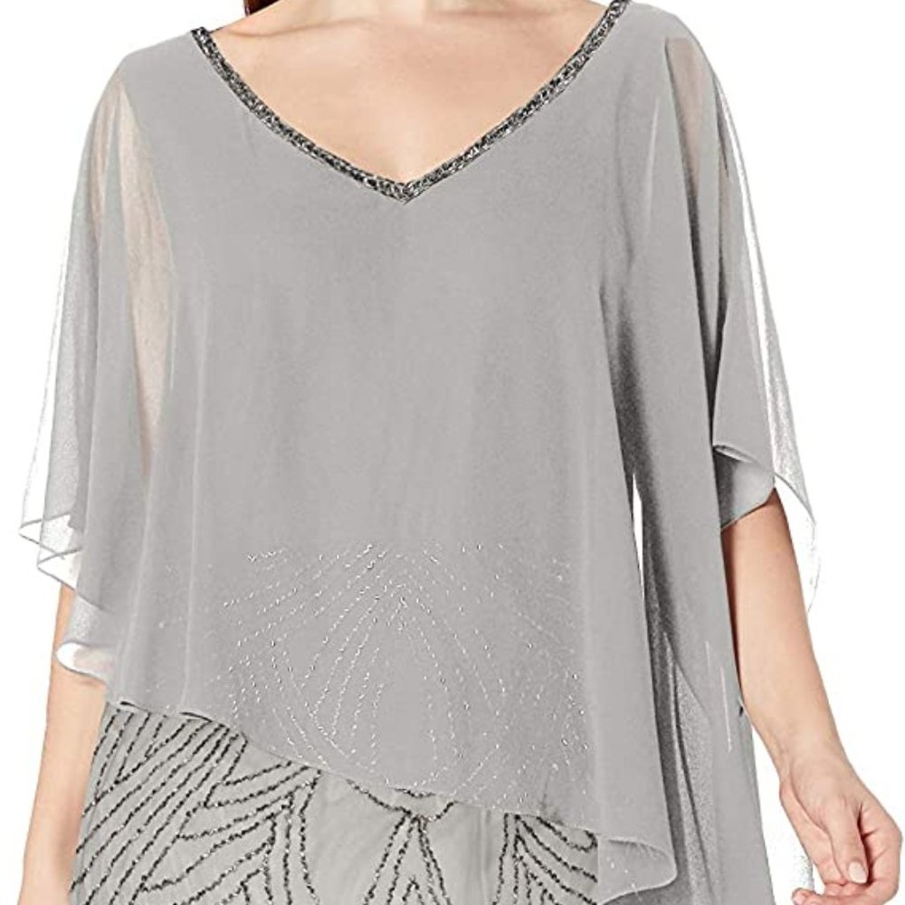 J Kara $290 4951SLW Plus Size Beaded Overlay Gown Dress Silver Sz 16W NWT!